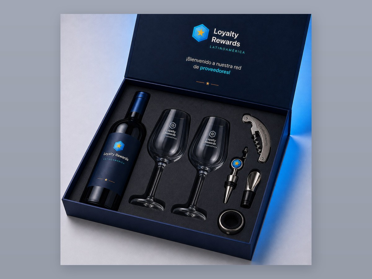 Kit de vino corporativo con copas y accesorios grabados — Loyalty Rewards Latinoamérica